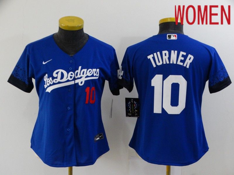 Women Los Angeles Dodgers #10 Turner Blue City Edition Nike 2021 MLB Jersey